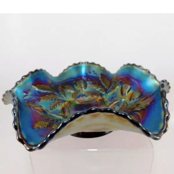 Antique Fenton Black Berry Spray Electric Blue Ruffled Bowl Home Decor GUC - Picture 10 of 11
